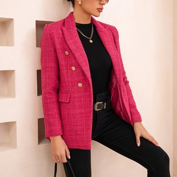 Pink Preppy Womens Lapel Collar Double Breasted Blazer Workwear - Picture 3 of 5